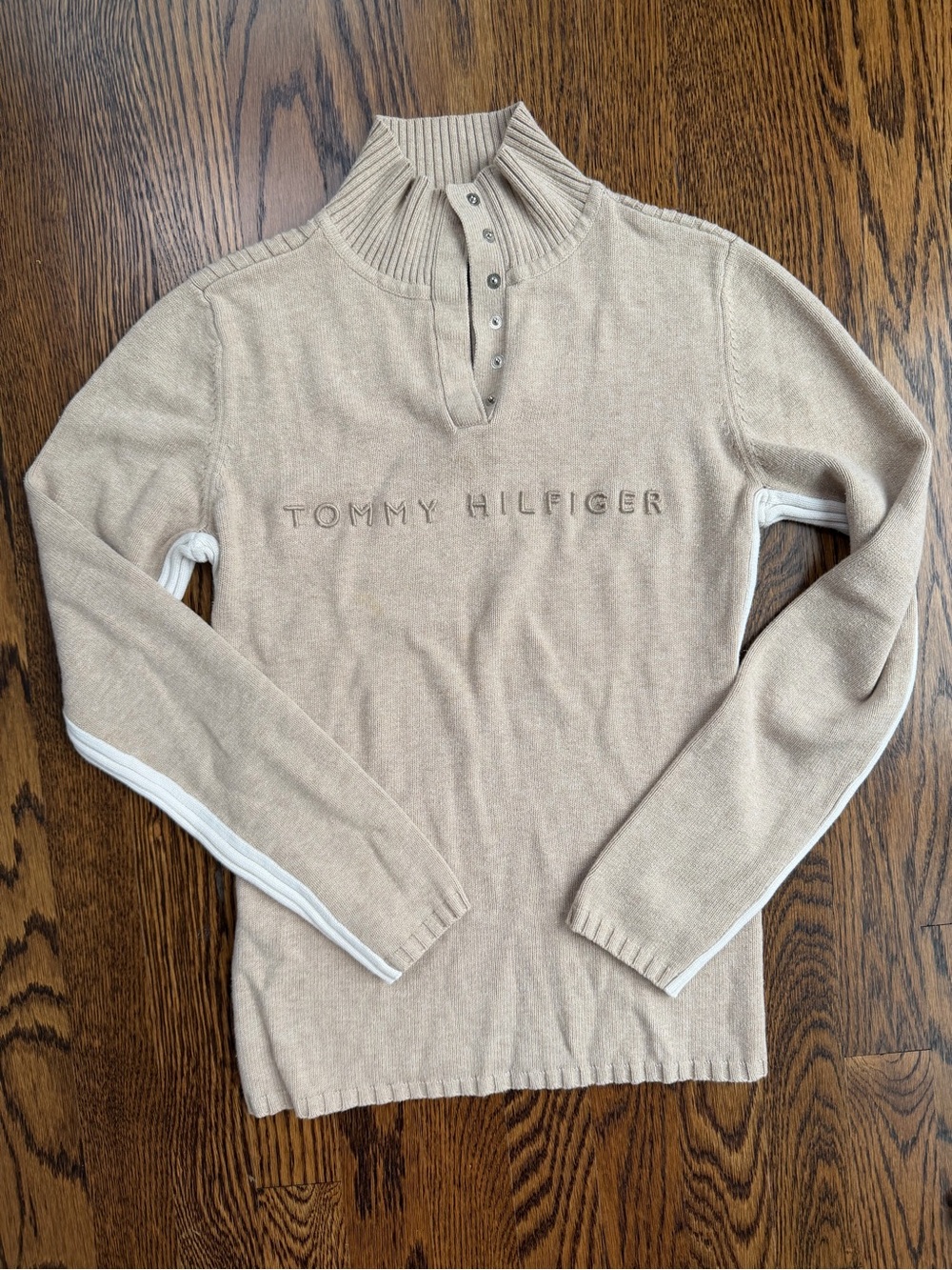 Tommy Hilfiger Beige Mock Neck Cotton Sporty Sweater